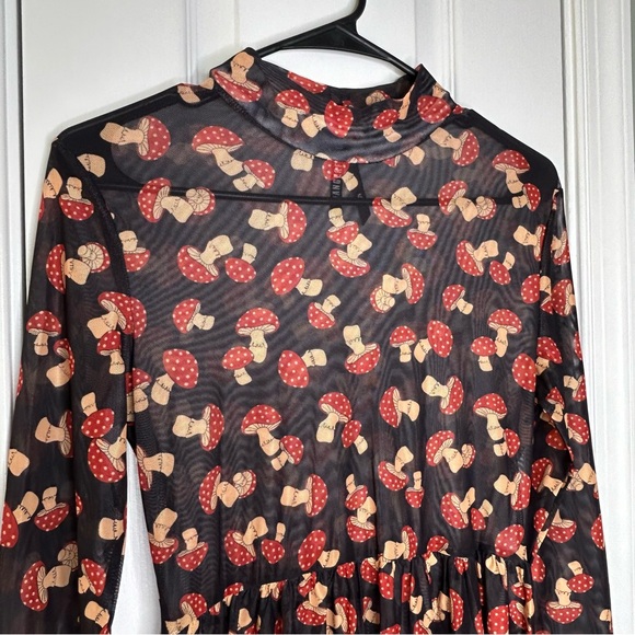 Dangerfield Sheer Black Mesh Mushroom Print Unique Alt Goth Mock Neck Dress 6 - Picture 3 of 11